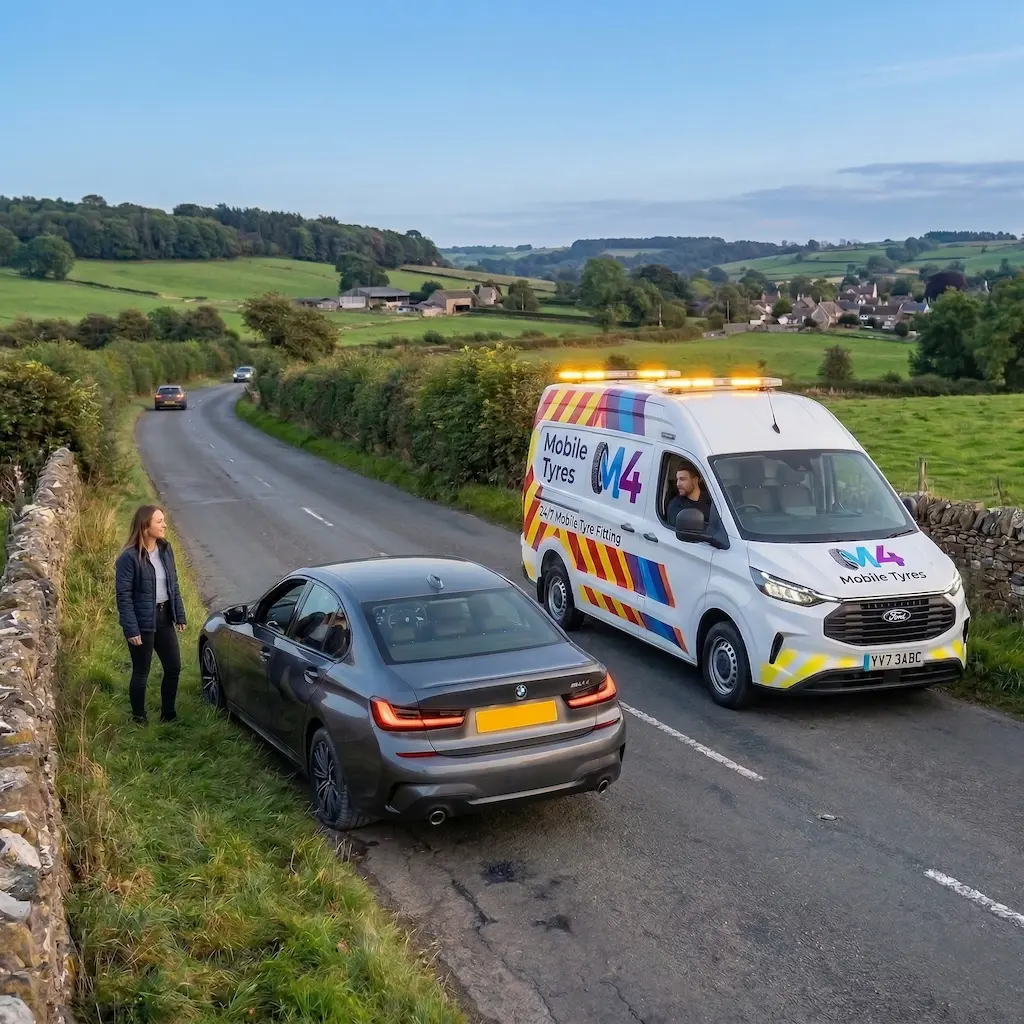 Mobile tyre fitting technician assisting a stranded driver with roadside tyre replacement in the UK